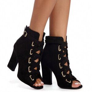 Qupid Black Suede Lace-Up Peep Toe Block Heel Booties Sz 8